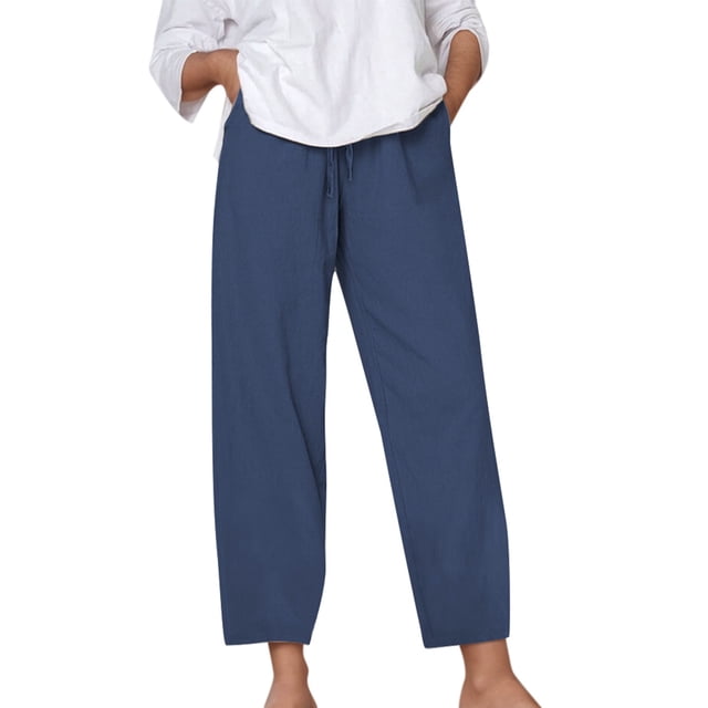 2025 Women's Casual Pants Women's Solid Color Loose Women's Casual Pants Comfy Comfort and Linen Drawstring Women Casual Pants Suits Plus Size Elastic Waist Pocket Straight Joggers for Women Leg