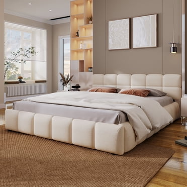 MODERNLUXE Queen Size Upholstered Platform Bed with Checkerboard Design,Upholstery Boucle Bed Frame Grounded Beds for Bedroom,Beige