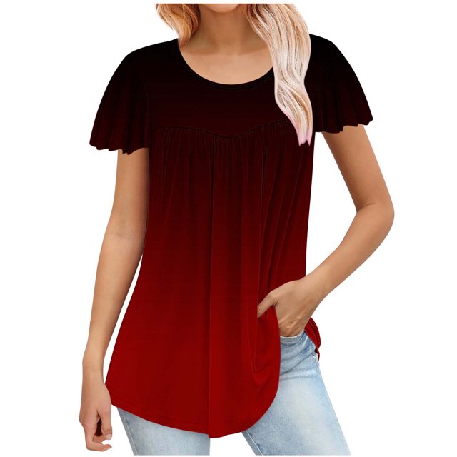 Besolor Hauts d'Été pour Femmes Tendance Dégradé Plissé Manches Courtes Chemises Décontractées Grande Taille Col Rond Blouse Habillée