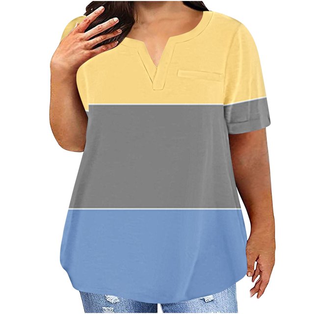 Timegard Plus Size Top for Women Notched V Neck Drop Shoulder Color Block Short Sleeve Casual Blouse