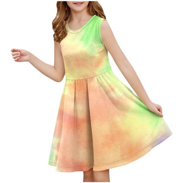 Zwiiyzr 2025 Toddler Girls Summer Dress Sleeveless Stretchy Dress A Line Twirly Skater School Recital Dress Yellow