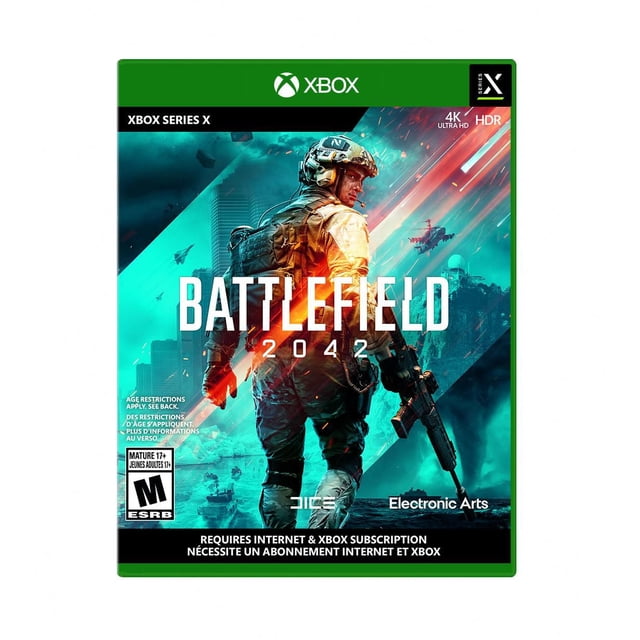 BATTLEFIELD 2042 Housse de Jeu Xbox Series X Mettant en Vedette un Soldat en Équipement Tactique Futuriste Tenant un Fusil, Se Tenant devant une Ligne d'Horizon de Ville avec Hélicoptères et explosions, Mettant en Valeur la Prise en Charge 4K Ultra HD et HDR pour un Jeu de Tir Immersif en Première Personne.