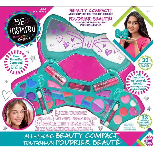 Cra-Z-Art Be Inspired Trousse de Maquillage Scintillante Compacte Tout-en-un avec Nœud pour Enfants Comprenant un Compact en Forme de Nœud Sarcelle et Rose avec 33 Teintes Scintillantes et Scintillantes pour les Lèvres, les Joues et les Yeux, Incluant 14 Couleurs de Lèvres, 13 Fards à Paupières, 4 Couleurs de Joues, 2 Baguettes de Brillant à Lèvres, Applicateurs et un Miroir, Conçue pour les Enfants Unisexes de 8 Ans et Plus, Idéale pour des Jeux de Maquillage Créatifs en Déplacement.