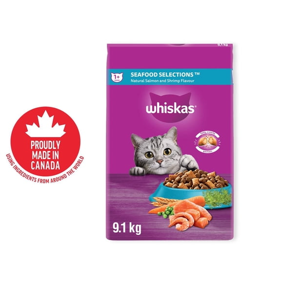 WHISKAS Adult Dry Cat Food Seafood Selections, Natural Salmon & Shrimp Flavour 9.1kg