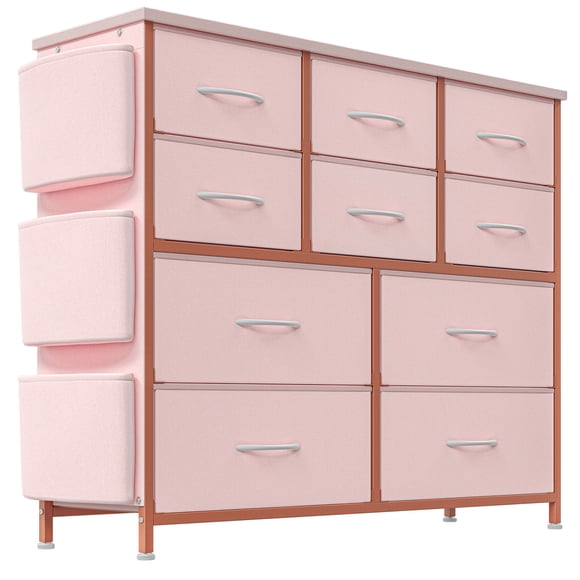 Dresser for Bedroom, 10 Drawers Fabric Storage Drawer, Dressers & Chest of Drawers with Side Pockets, Hooks, Wood Tabletop for Closet, Living Room, Hallway (Pink)