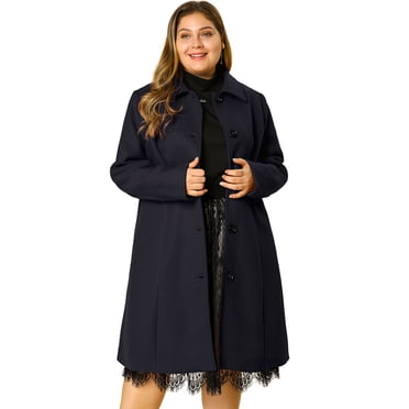 GRACE & GRANDEUR Manteau de Noël pour Femme Grande Taille, Caban Long à Simple Boutonnage avec Ceinture, Bleu Foncé 1X