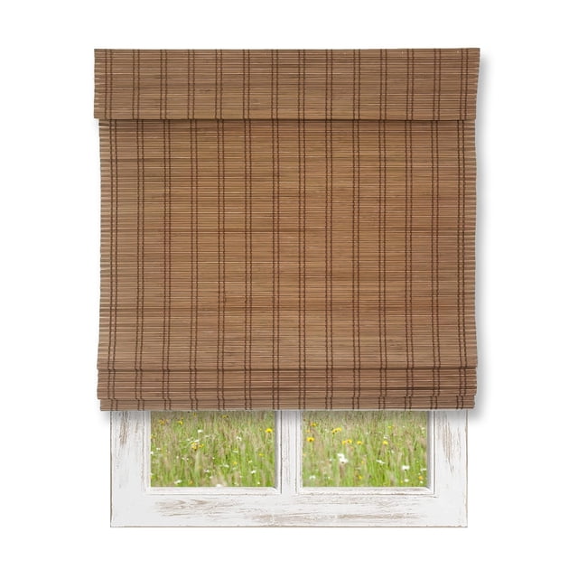 ITY International bamboo window Roman shade in brown, measuring 60 inches wide by 72 inches high. The cordless design features a natural bamboo weave that allows light to filter through while maintaining privacy. The shade is shown installed on a white-framed window with a view of a grassy field outside.