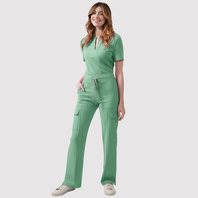 Women's V-Neck Top and Drawstring Pocket Pants Two-Piece Set for Care Workers - Comfortable Polyester Workwear in Multiple Colors