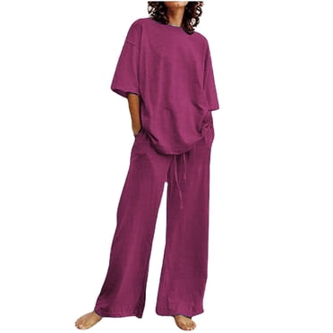 Pisexur Women's 2 Piece Outfit Cotton Linen Set for Women Short Sleeve Pullover with Drawstring Long Pants Tracksuit Jogger Set Solid Color Trousers Casual Two-Piece Suit