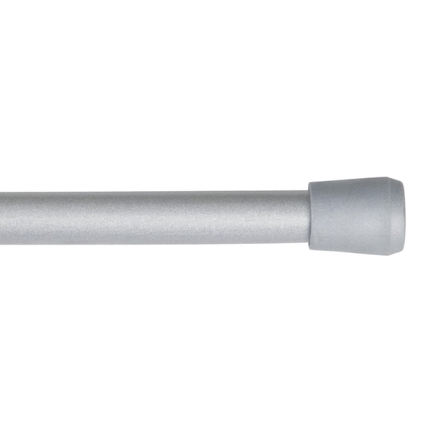 Mainstays Stafford Spring Tension Pewter Curtain Rod close-up showing the 7/16-inch diameter adjustable metal rod with a pewter finish and non-slip rubber end cap, designed for easy, tool-free installation inside window casings and suitable for dorms or apartments.