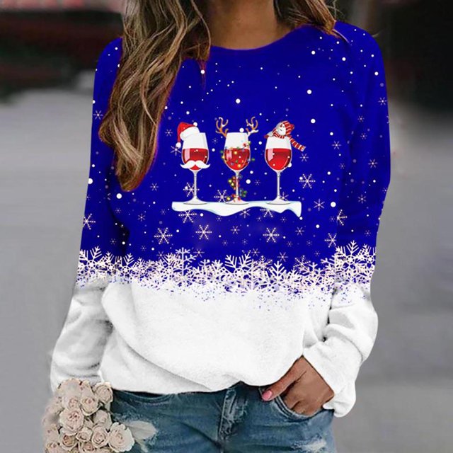 Women Fashion Round Neck Christmas Long Sleeves Tops Blouse Pullover Sweatshirt