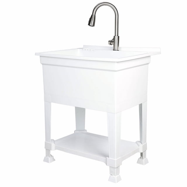UTILITYSINKS Plastic 30” Freestanding Utility Sink with Pull Faucet in white, featuring a 30 x 24-inch basin and a heavy-duty stainless-steel pull-down faucet. The sink includes a quick-connect drain, adjustable leveling feet, a utility worktop tray, and an under-basin storage shelf. Ideal for workshops, laundry rooms, garages, basements, and pet wash stations. Dimensions: 30 x 24 x 35 inches.