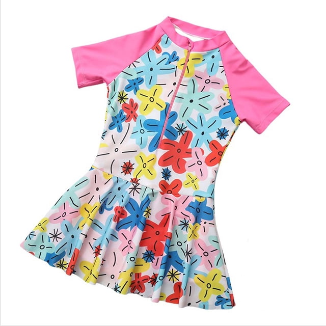 Sunnyoo Toddler Girls Rash Guard Swim Dress Short Sleeve Graphic Quick Dry Bathing Suit