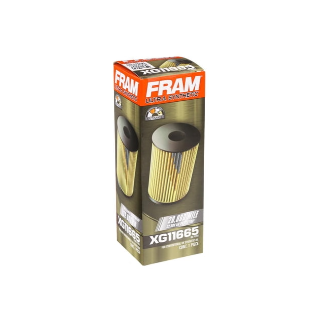 FRAM XG Oil Filter XG11665 box showing a cylindrical synthetic oil filter with pleated yellow media and black end caps, engineered for ultimate engine protection and high efficiency with a 32,000 km change interval, compatible with synthetic or conventional oils.