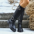thumbnail image 3 of Fall Mid Calf Combat Boots for Women 2025 Buckles Studded Leather Platform Chunky Cowboy Riding Tall Boots, 3 of 8