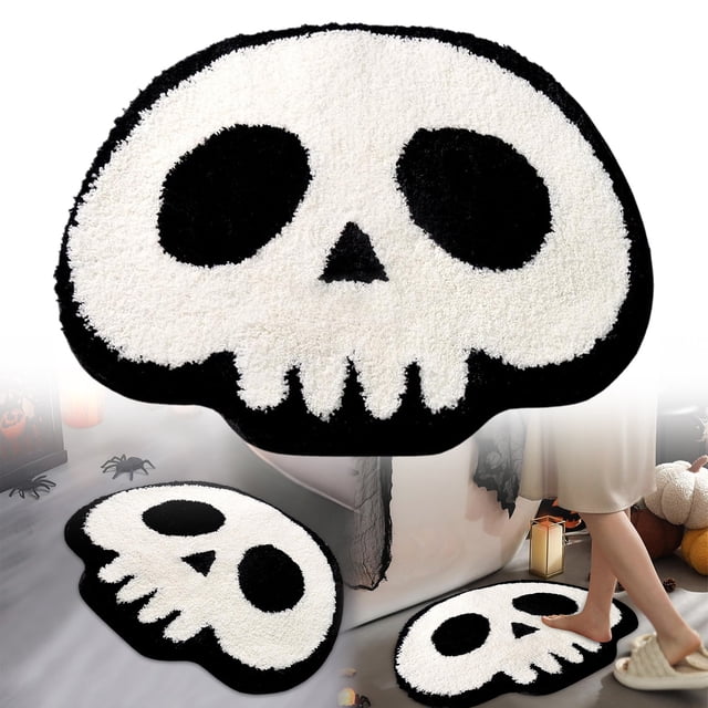 HUASHENG TRUEDAYS Halloween Decor Mat For Bathroom Gothic Cute Halloween Decoration Black White Half Circle Mat Non Slip Rug Bathroom Mat Plush Shower Rug