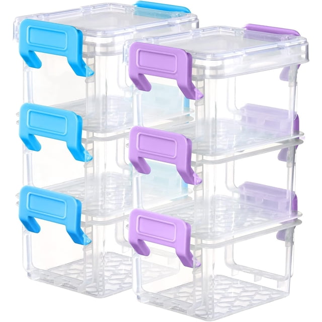 HAHDAXIA 6 Packs Small Storage Bins with Lids, featuring mini stackable plastic containers with colorful latch lids in blue and purple. Each bin measures 13.5 x 8.5 x 5.5 cm (outer size) and 6 x 5 x 4 cm (inner size). Made of durable, clear plastic for easy visibility, these bins are ideal for organizing crafts, beads, jewelry, and other small items. The stackable design saves space, and the secure latching lids ensure contents stay tidy and neat.