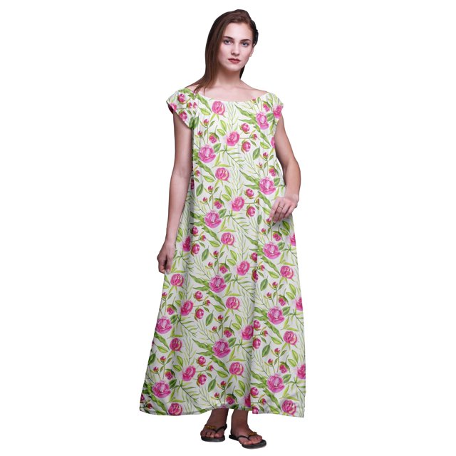 Bimba Robe Longue Maxi Imprimée pour Femmes en Rayonne, Vêtement de Nuit à Manches Courtes