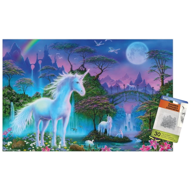 Unicorn Meadow Wall Poster, 22.375" x 34" framed, depicting a fantasy scene with a large white unicorn standing in a meadow of flowers and rabbits, smaller unicorns near a pond with swans, under a full moon and rainbow, surrounded by trees, waterfalls, and a stone bridge, printed on glossy paper by Trends International, suitable for bedroom or office wall décor.