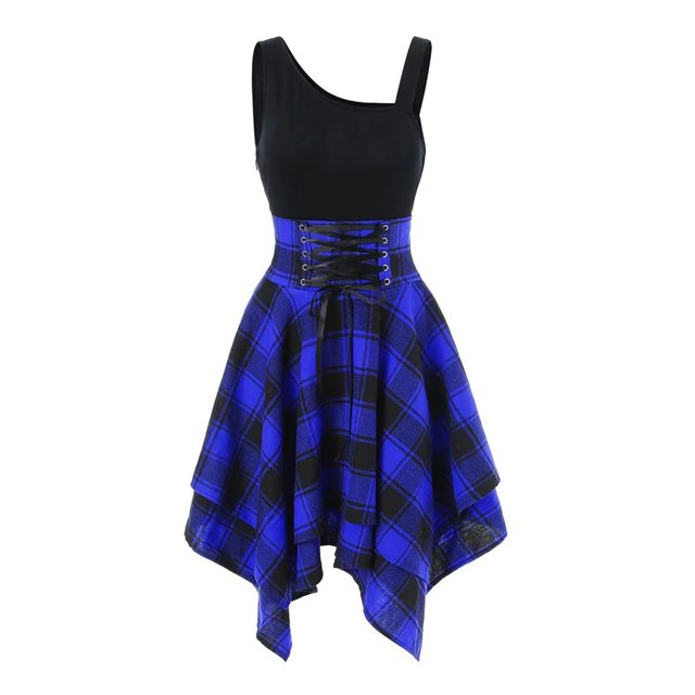 Fridja Robe à Carreaux pour Femmes, à Lacets, à Manches Courtes, Ourlet Irrégulier, avec Coutures