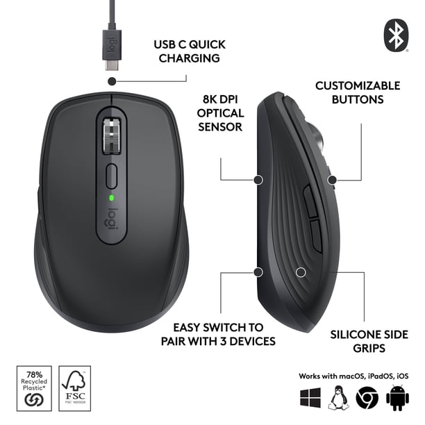 Wireless Mouse Logitech MX Anywhere 3S 8K DPI Bluetooth USB-C
