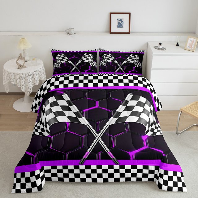 Erosebridal Sport Racing Checkered Bedding Full Comforter Set, Purple Down Comforter, Chic Honeycomb Decor, Lightweight