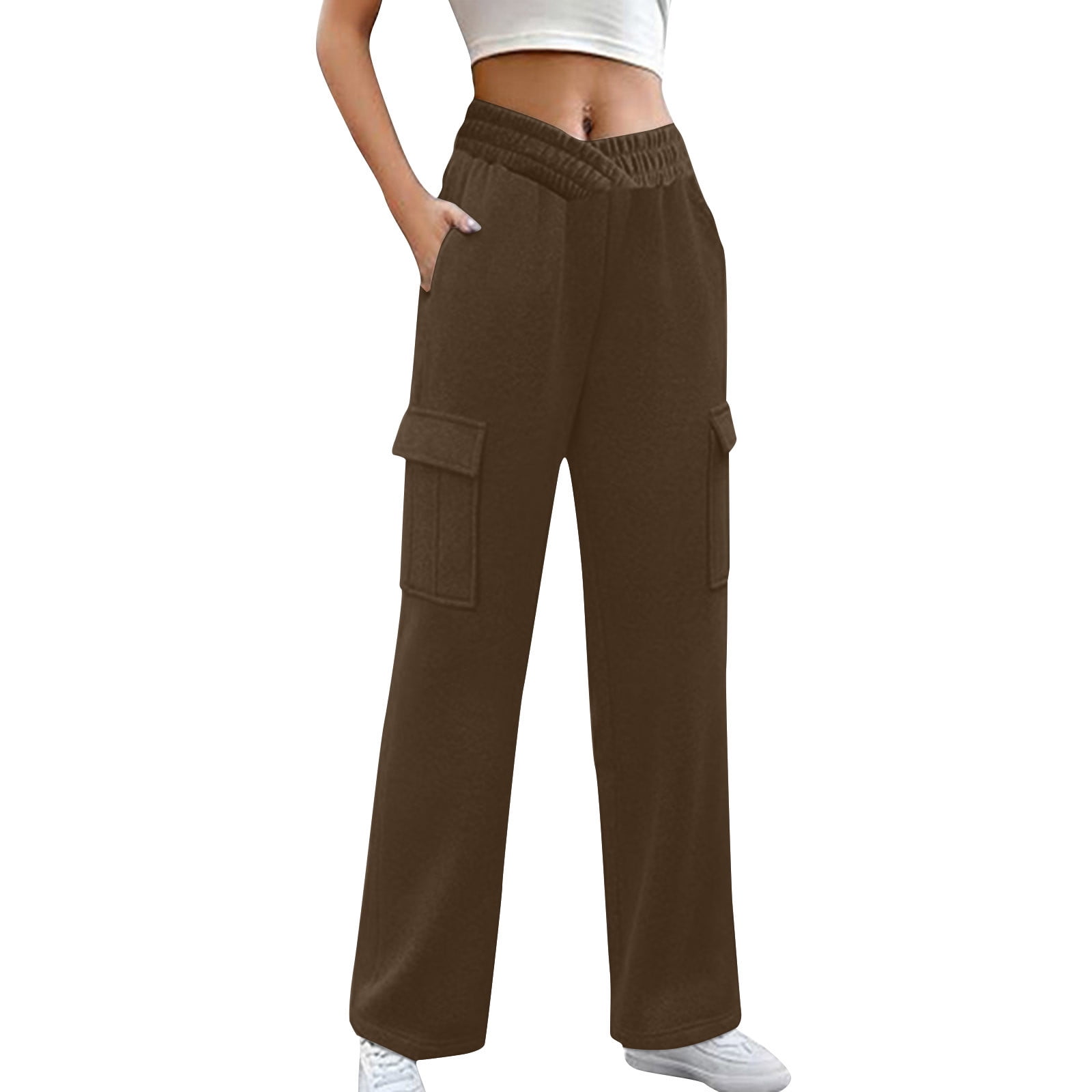 LLYwey in Clearance Work Pants for Women Ladies Fashionable Solid Color Drawstring with Pockets Ankle Binding Sweatpants Work Pants New Full Length Pants Trousers Regular Fitted Brown XL