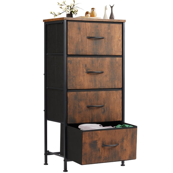 EDX Commode à 4 Tiroirs pour Chambre, Organisateur de Rangement en Tissu Armoire Étroite Table d'Appoint, Brun Rustique