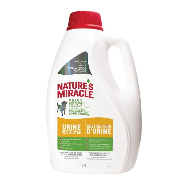 Nature's Miracle Destructeur d'Urine pour Chiens, Bouteille Verseuse en Plastique Blanche de 3,78 L avec Bouchon Rouge, Formule Enzymatique Qui Enlève les Taches d'Urine et les Odeurs des Tapis, Planchers Durs, Meubles et Tissus, avec un Parfum Léger et Frais, Sécuritaire pour les Animaux et la Maison.