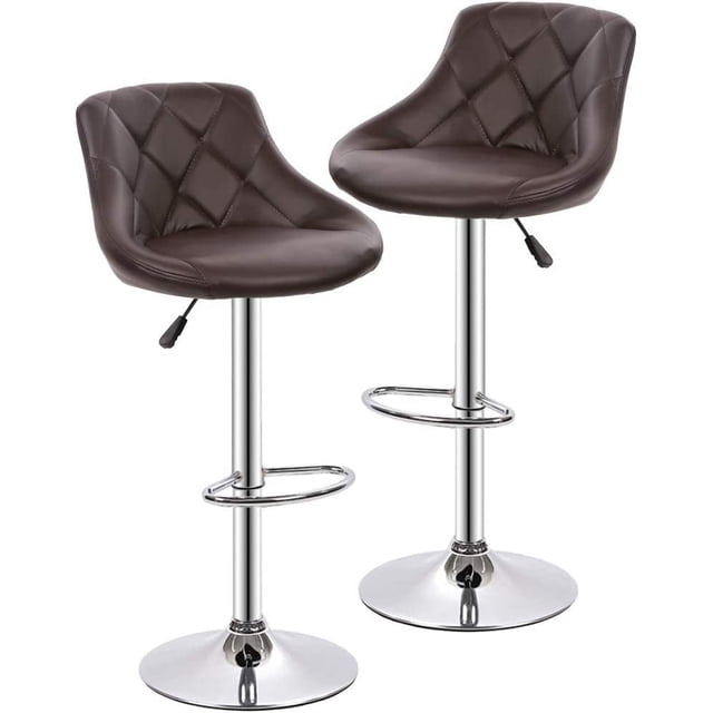 FDW Set of 2 Swivel Bar Stools, featuring height-adjustable seats with a range of 24.8-32.7 inches, upholstered in brown PU leather with diamond-patterned stitching. Each stool includes a padded backrest, a 360-degree swivel seat, and a sturdy chrome base with a footrest and anti-skid rubber ring to protect floors. Ideal for kitchen counters or home bars.