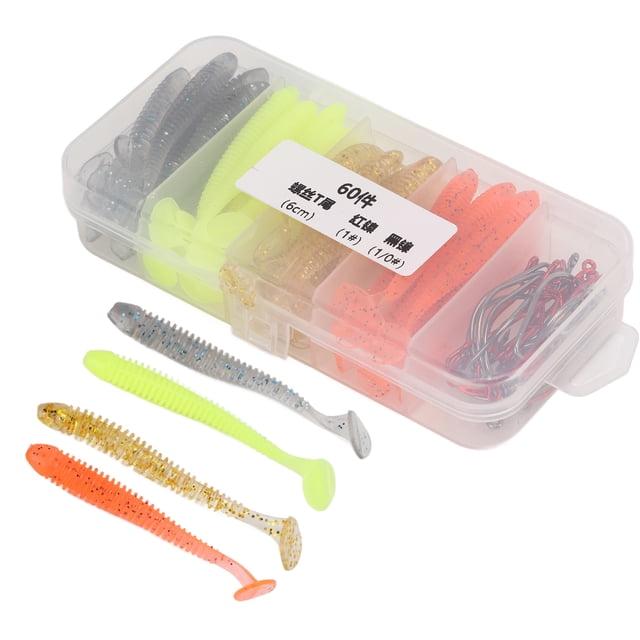 Bass Fishing Lure Soft Fishing Lures 60Pcs Box Soft Bait Fishing Lures Kit With Stainless Steelnk Hooks Artificial T Tail Pvc Soft Lure Baits For Bass Fishing