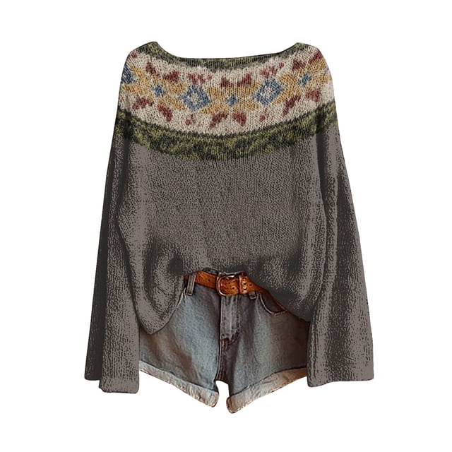 WTXUE Chandail Rétro Fair Isle Vintage à Imprimé Artistique pour Femmes, Chemisiers Légers, Hauts Boho, Chandails Décontractés à Imprimé Léopard en Tricot, Chandail à Manches Longues à Col Rond, Hauts Bohémiens, Café m
