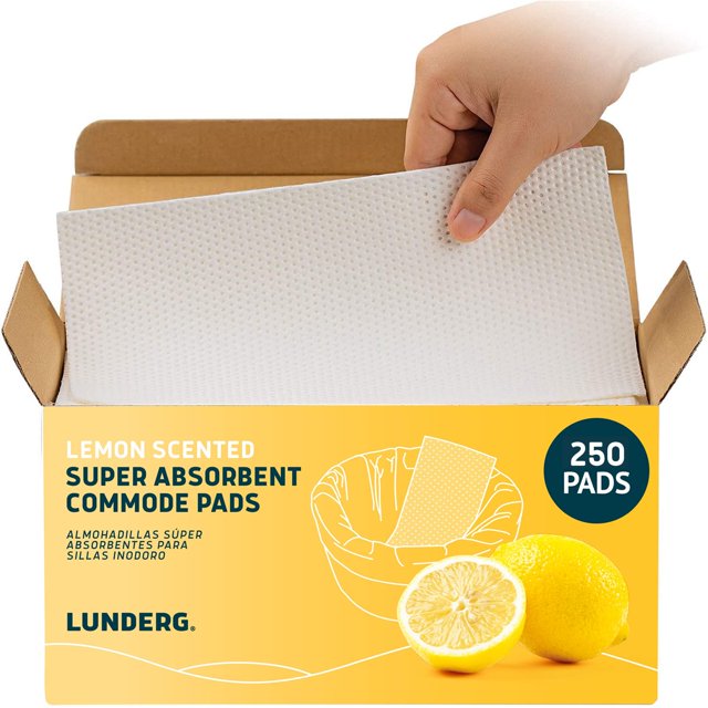 Lunderg Lemon Scented Super Absorbent Commode Pads - Medical Grade Value Pack 250 Count - for Bedside Commode Liners Disposable, Adult Commode Chair, Portable Toilet Bags - Make Your Life Easier