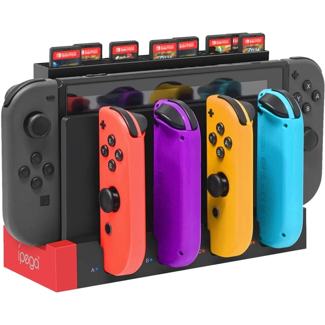 Charger for Joy Cons Controller, a black charging dock base station designed for Nintendo Switch accessories. Features four slots for charging Joy-Con controllers simultaneously and a game card storage holder with 28 slots. Made of durable ABS and acrylic materials, equipped with USB 2.0 interface for power input. Includes LED indicators for charging status and offers over-current, over-heat, over-voltage, and short-circuit protection. Compact design suitable for desk or TV placement.