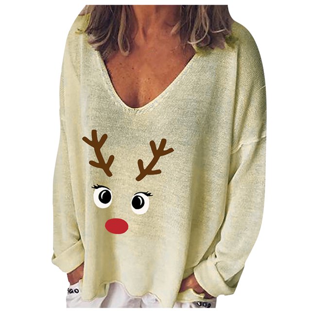 Mode Femme Décontractée Imprimé Col en V Ample Manches Longues T-shirt Haut Blouse Chandail