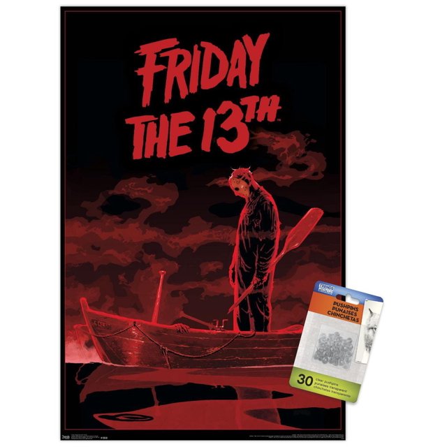 Friday The 13th - Boat Wall Poster, 22.375" x 34", depicting a red and black illustration of a masked figure standing in a boat holding a paddle with dark red clouds in the background, printed on glossy paper by Trends International, ideal for framing or wall mounting as home décor.