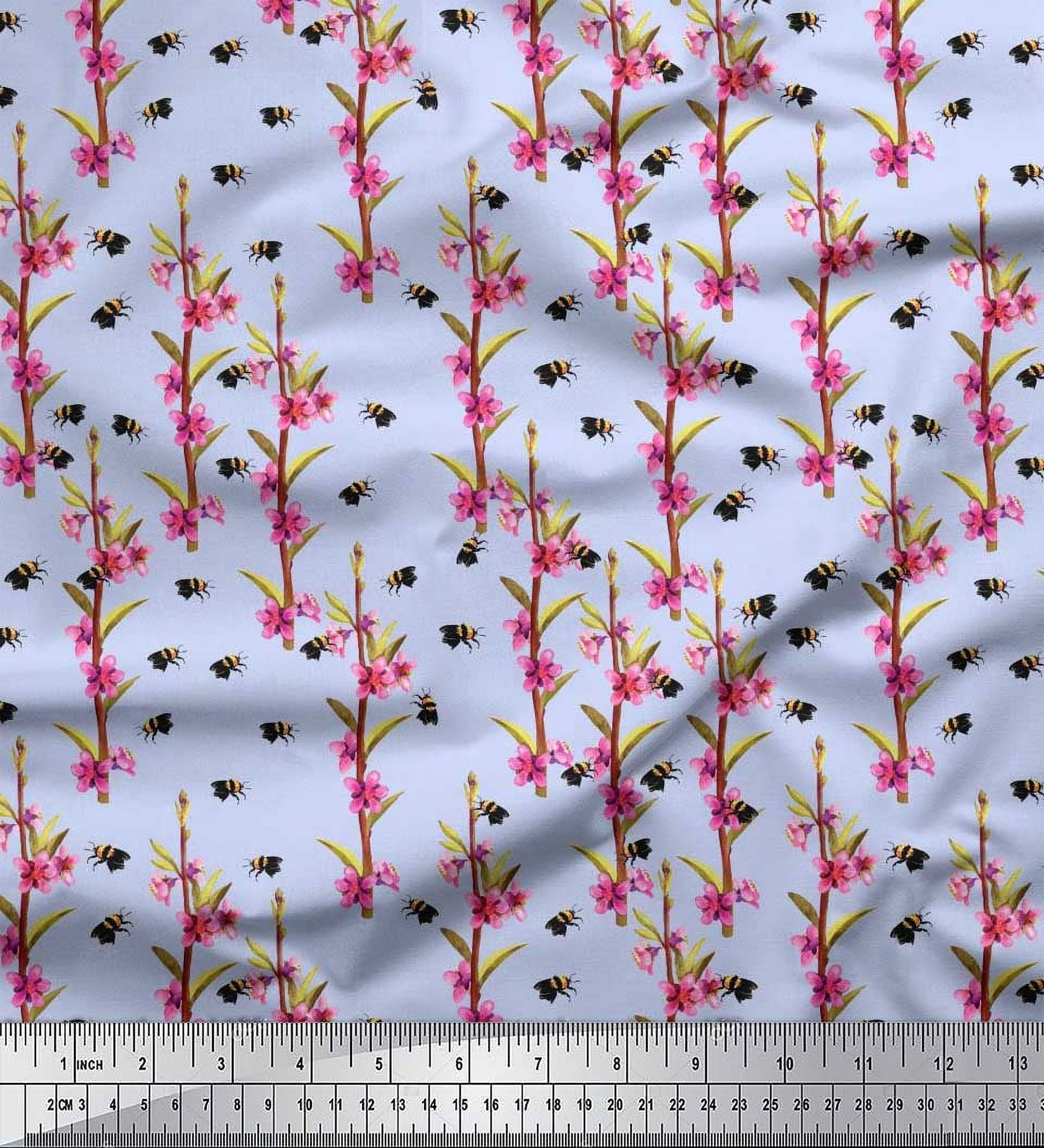 Soimoi Rayon Fabric Leaves,Floral & Honey Bee Insects Decor Fabric Printed Yard 42 Inch Wide