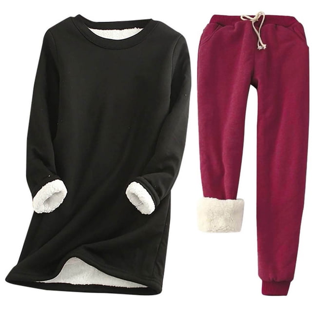 Pisexur Ensembles 2 Pcs pour Femmes Ensembles de Pyjama en Molleton Chaud pour Femmes 2 Pcs Chandail à Col Rond Pantalon de Pyjama Ample Vêtements de Détente Décontractés Tenues d'Hiver Surdimensionnées Grande Taille P-5TG