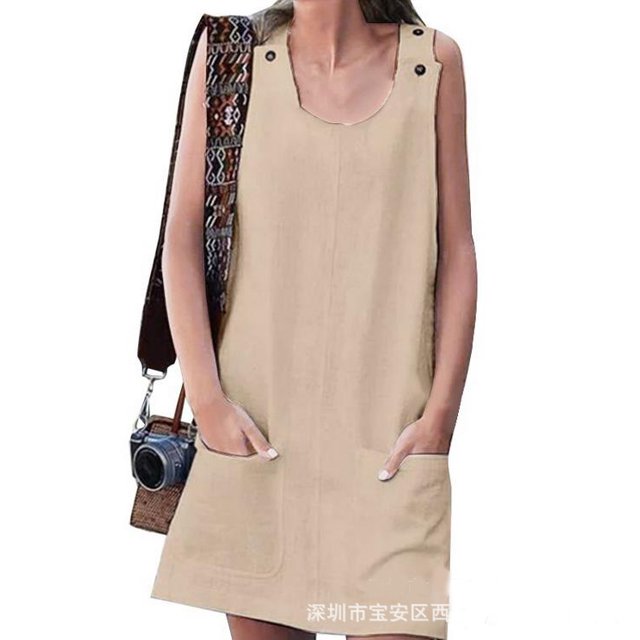 Nouvelle Robe de Poche Boutonnière pour Femmes Sans Manches à la Maison Décontractée Grande Taille Robe Couleur Unie en Vrac Robe d'Été