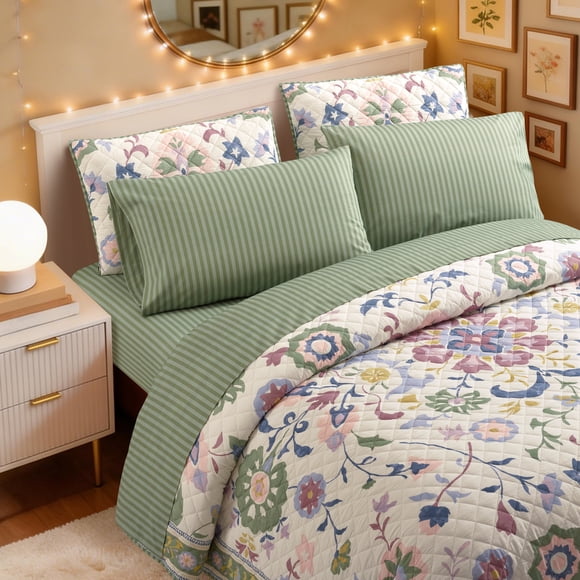 Mainstays Double Classic Stripe Sheet Set, 4-Piece, Green, Adult.