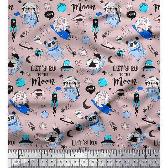 Soimoi Velvet Fabric Planet,Rocket & Astronaut Animals Cartoon Print Fabric by Yard 58 Inch Wide