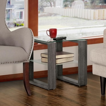 Table d'appoint Caleb en bois gris avec étagère en verre