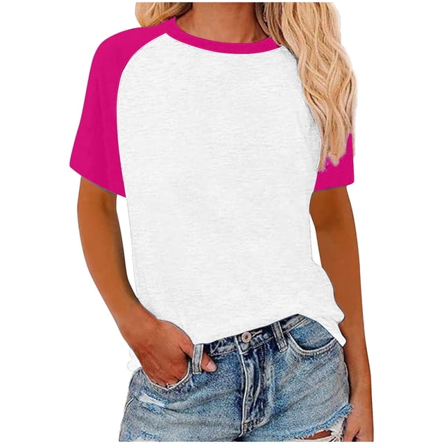 Womens Summer Raglan T-Shirts Color Block Plus Size Baseball Tees Casual Short Sleeve Loose Pullover Hot Pink, 4XL