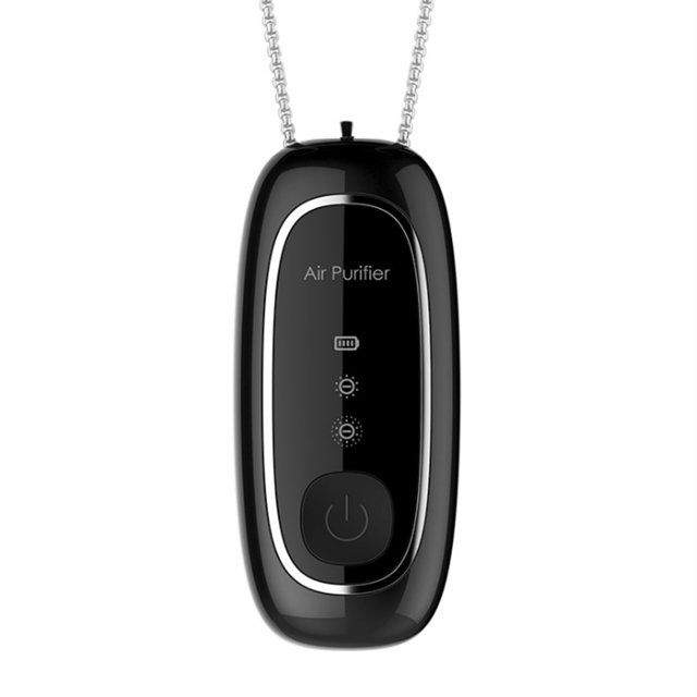 Mistaha New Style Necklace Air Purifier Wearable Personal Portable Negative Anion Air Purifier in black, designed for personal use with a sleek ABS and PC body and stainless steel chain. Features include an intelligent display, one-button switch, adjustable gears for high and low anion concentration, and USB rechargeable battery with up to 60 hours of service time. Compact and portable, ideal for maintaining breathable, fresh air in personal spaces.