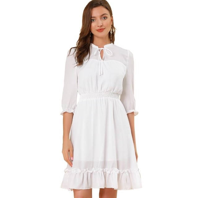 INSPIRE CHIC Women's Ruffle Hem 3/4 Sleeve Smocked a-Line Dress