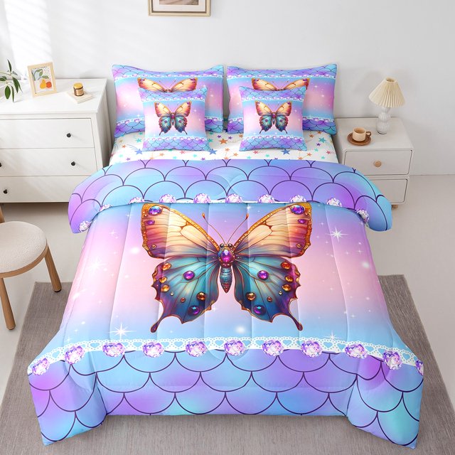 Erosebridal Literie Girly Papillon Format Simple, Accessoires de Literie Galaxie Psychédélique Étoiles, Réversible 7 Pcs