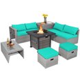 thumbnail image 1 of Patiojoy 9 Pieces Outdoor Patio Furniture Set with 32-Inch Propane Fire Pit Table Outdoor PE Wicker Space-Saving Sectional Sofa Set with Storage Box and Cushions Turquoise, 1 of 9