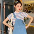 thumbnail image 2 of Women‘s Cute Short Sleeve Turtleneck Color Block Striped Knitted Crop Top T-Shirt, 2 of 7