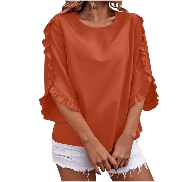 Timegard Hauts pour Femmes Volants Manches Mi-Longues Col Ras du Cou Ample Confortable Hauts Blouse Décontracté Été Printemps Couleur Unie