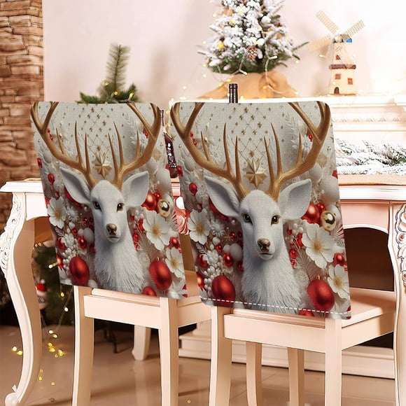 Christmas Chair Covers Set of 1 | 3D Holiday Dining Chair Back Cover with Lights, Balls and Tree Design